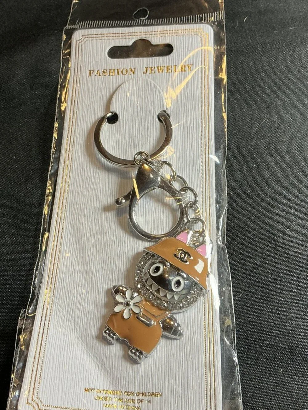 ★ Tan Player Rhinestone Keychain Bag Charm Silver Hardware Flower